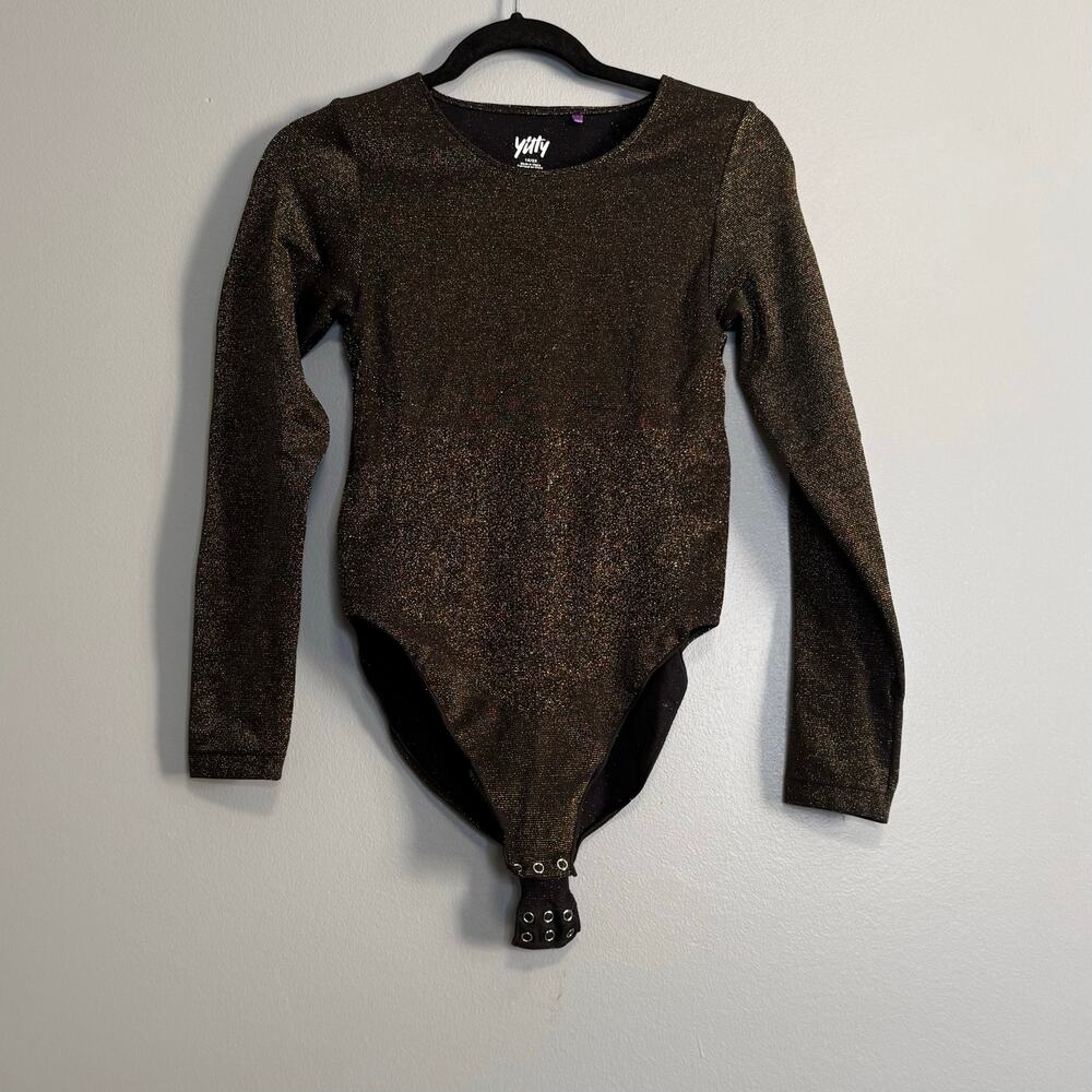 Yitty Nearly Naked Luxe Shaping Long Sleeve Bodysuit Black Gold Shimmer 1X/2X